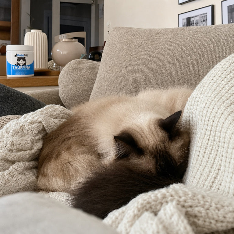 F1 — Puchaty ragdoll przytula tub KotaVit na beżowej sofie, popołudniowe światło